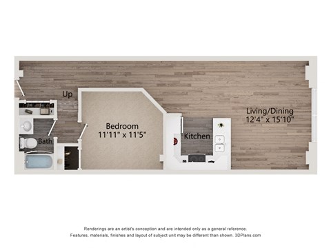 Floor plan for 1 bed, 1 bath, 635 sqft